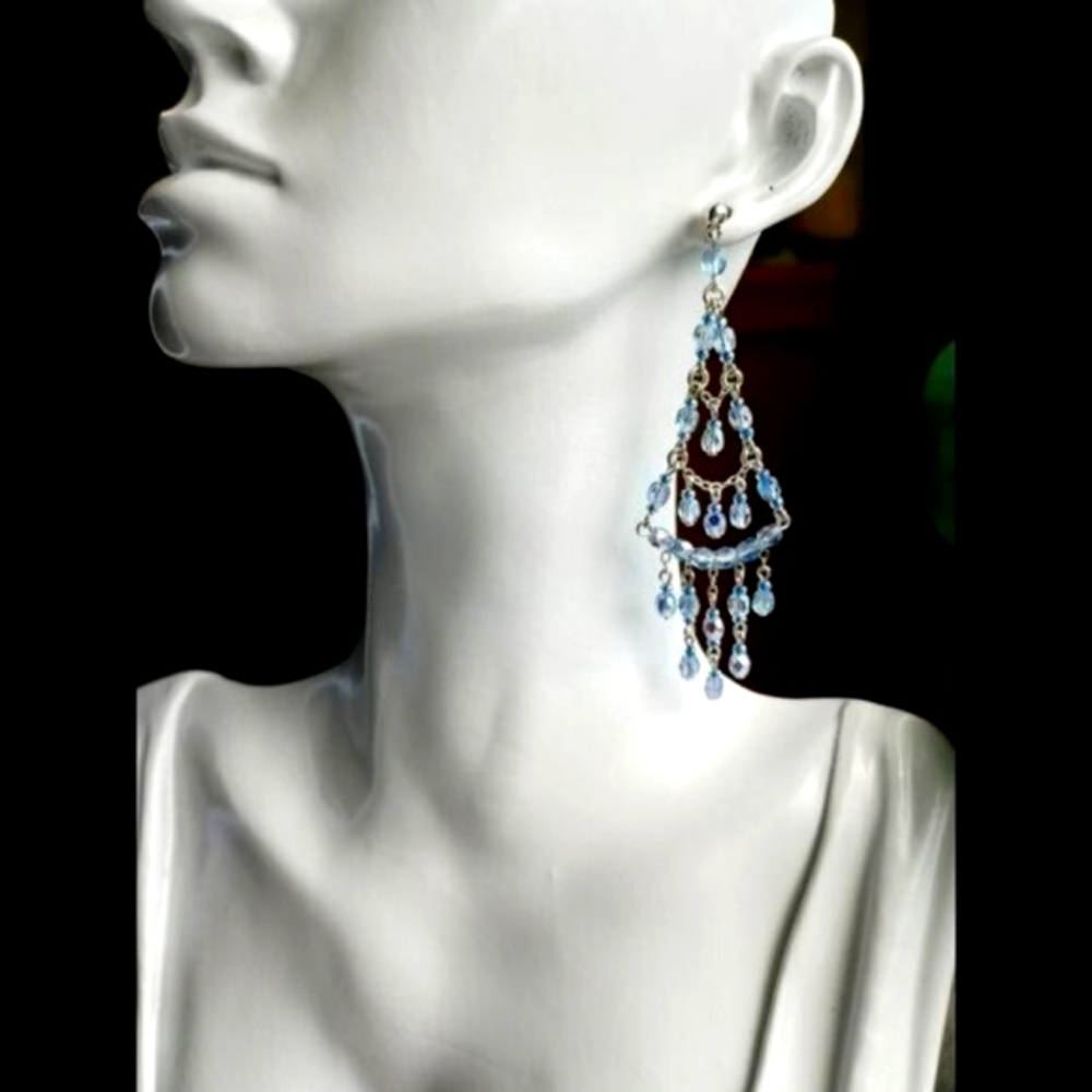 Vintage Czech beaded shoulder duster chandelier earrings light blue